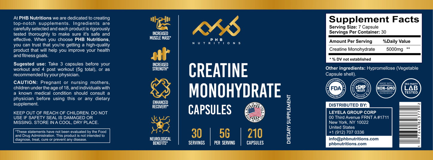 Creatine Monohydrate Vegetable Capsules -  5000mg (715 mg per capsule)